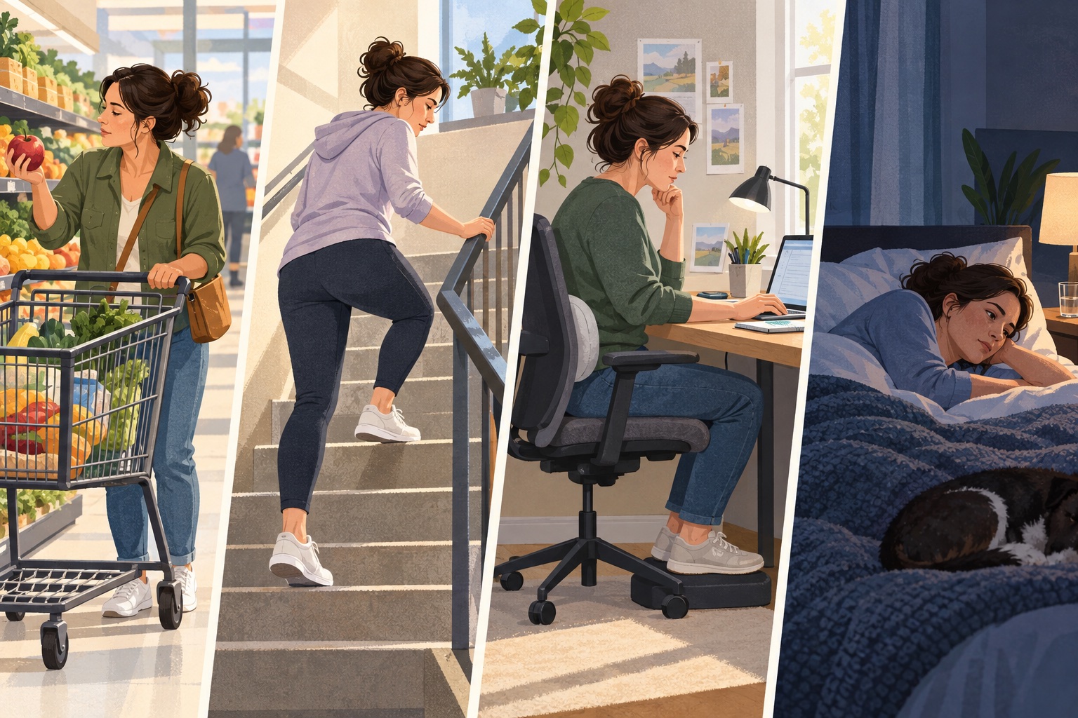 Everyday activities shown with measurable limits, adaptations, and recovery periods rather than abstract symptom labels.