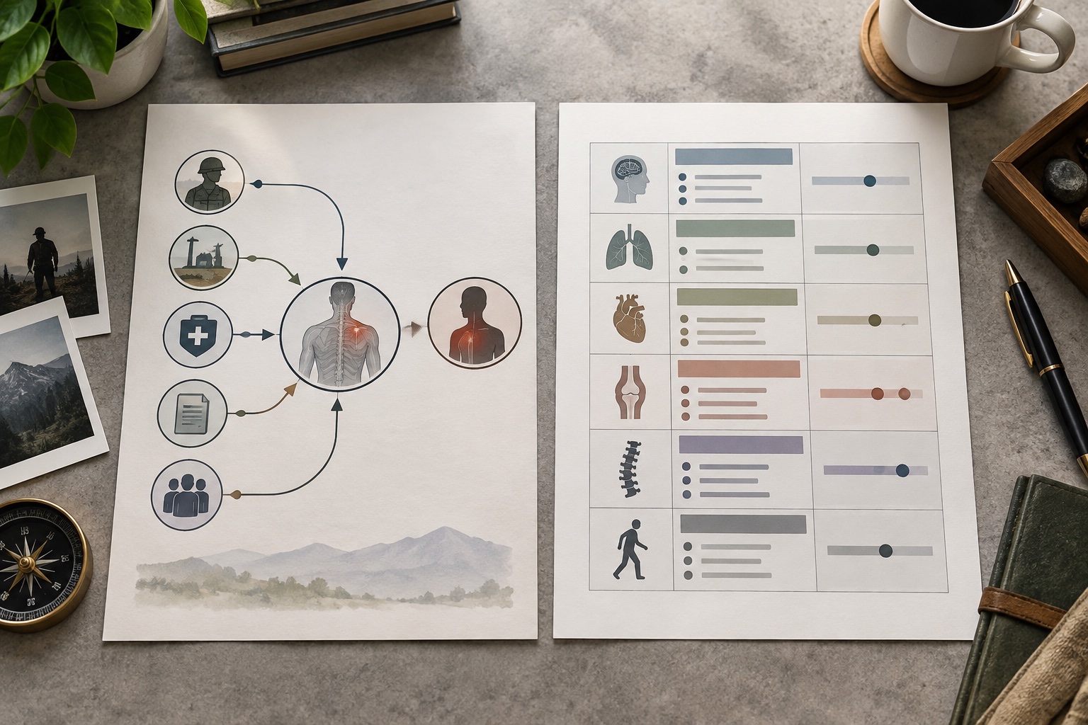 Two distinct document tools on a workbench, one mapping a medical connection and one recording examination findings.