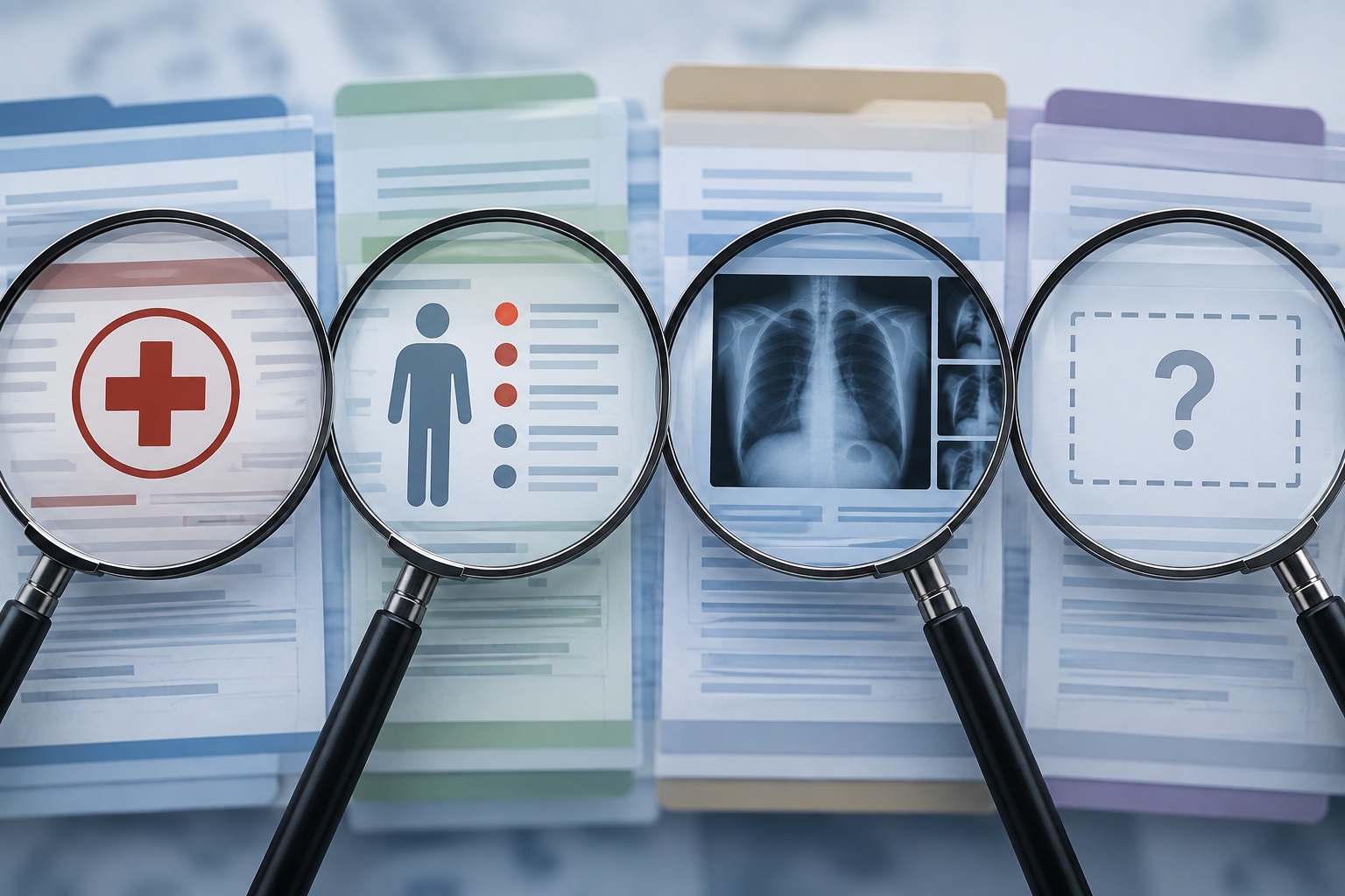A medical record search distinguishing diagnosis, symptom, test result, and unresolved evidence categories.