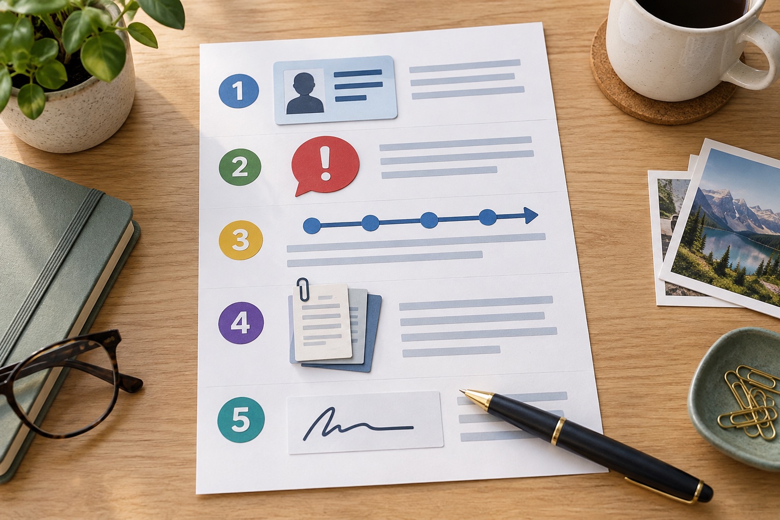 A neutral statement worksheet being organized into identity, issue, facts, supporting records, and signature sections.