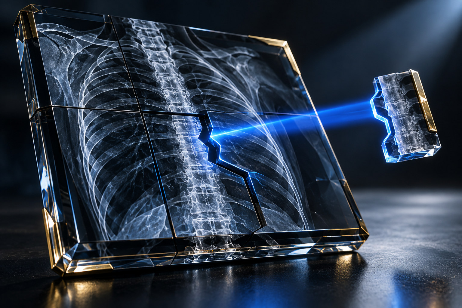 A precise fracture runs through an abstract medical-imaging panel while a small contrasting record remains intact.
