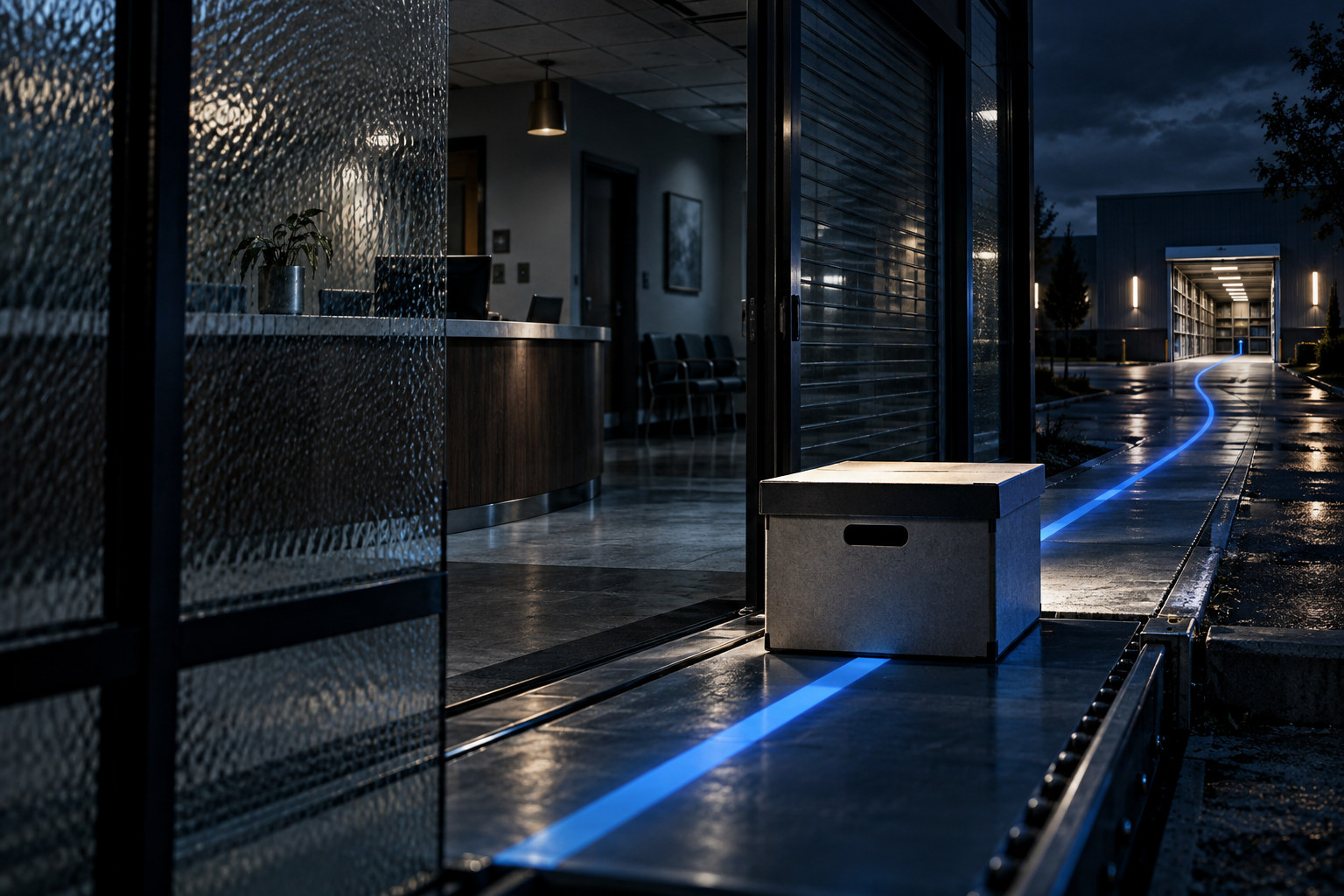 An unmarked records box follows a narrow blue path from a shuttered clinic toward an archive.