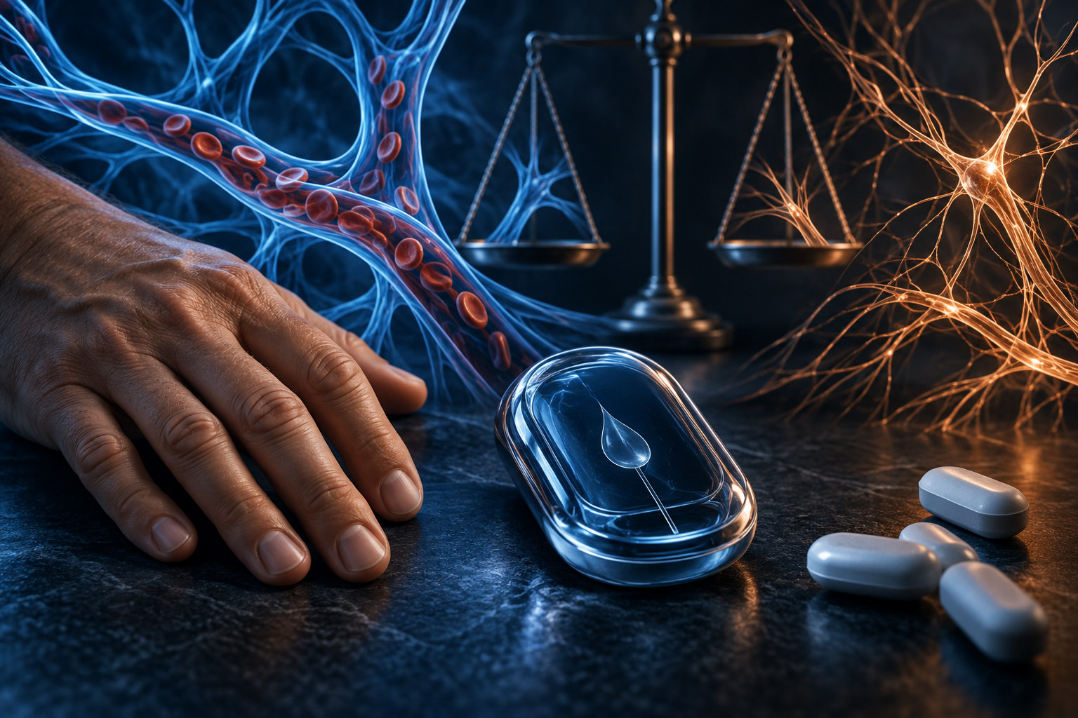 An anonymous hand beside blue vascular and copper nerve structures.