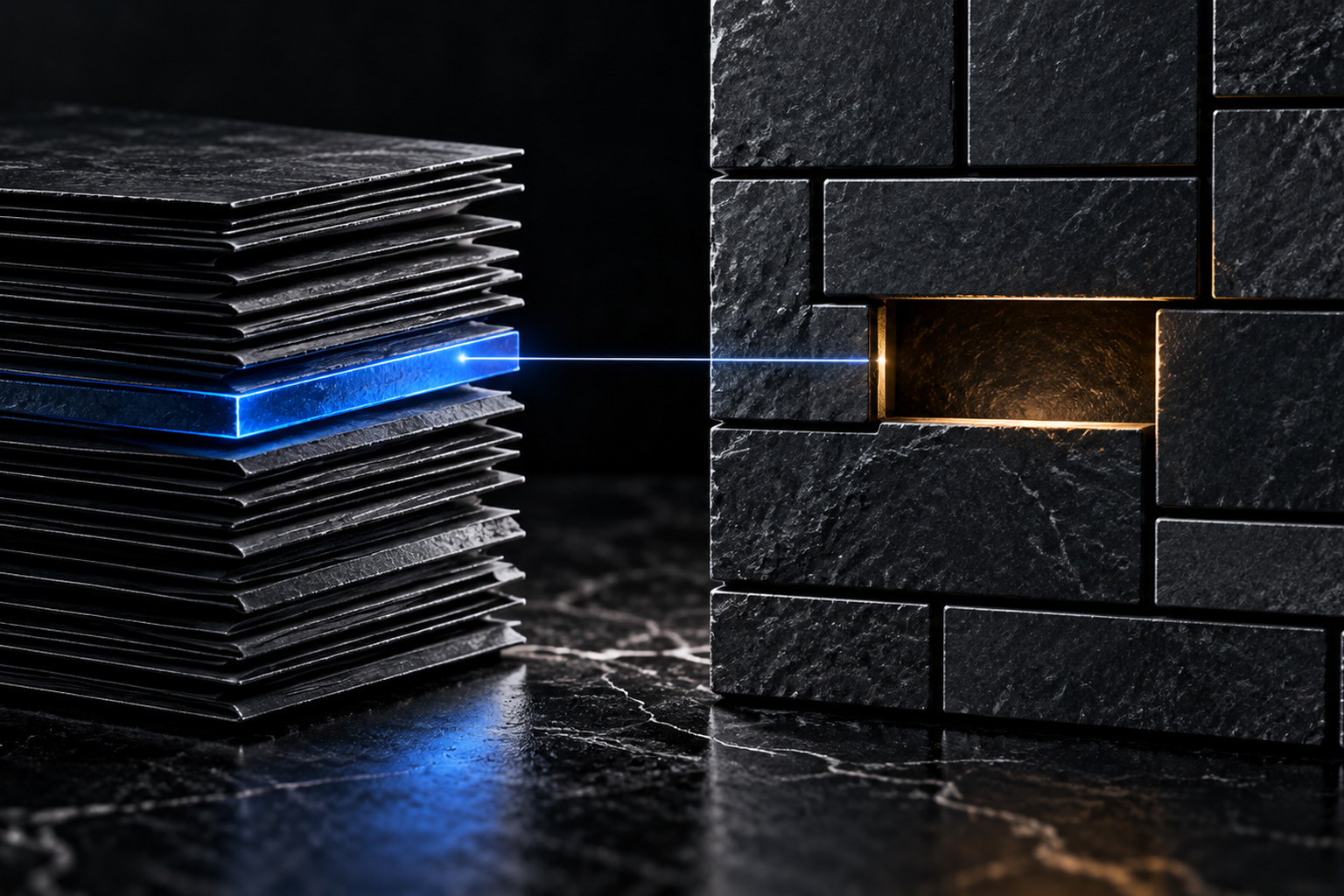 A deliberate empty slot interrupts a stack of unlabeled evidence sheets, with a separate receipt-shaped object nearby.