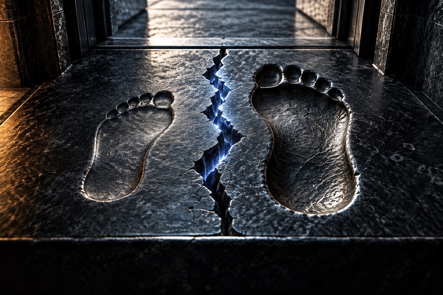 Two different foot impressions separated by a cobalt-lit fissure in a dark stone threshold.