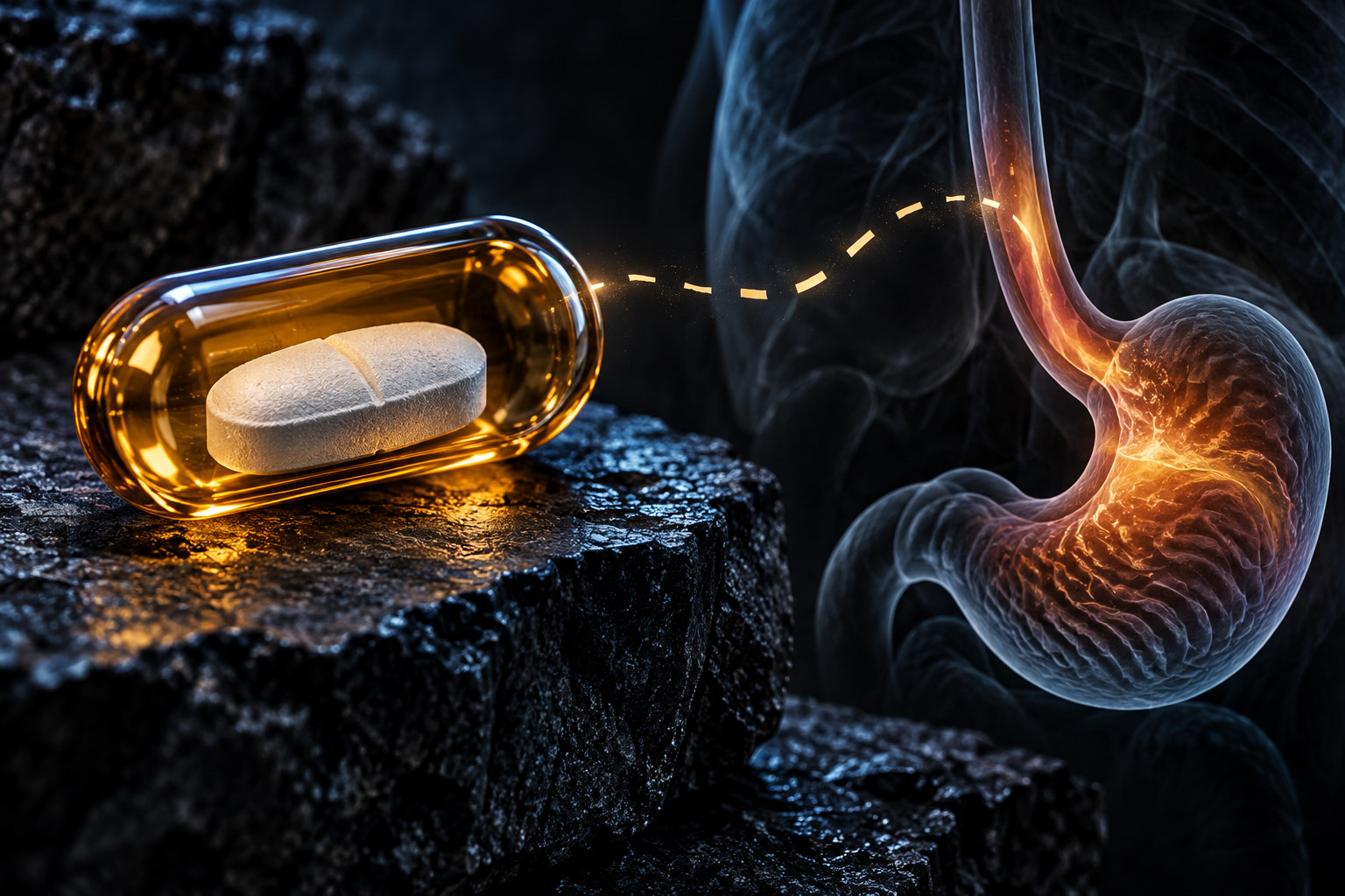 An unbranded tablet capsule near a glowing esophagus and stomach, separated by a broken light path.