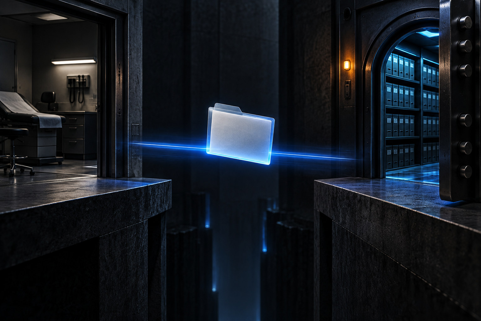 An unmarked exam folio moves from a clinical doorway toward a veteran's hand in a dark editorial scene.