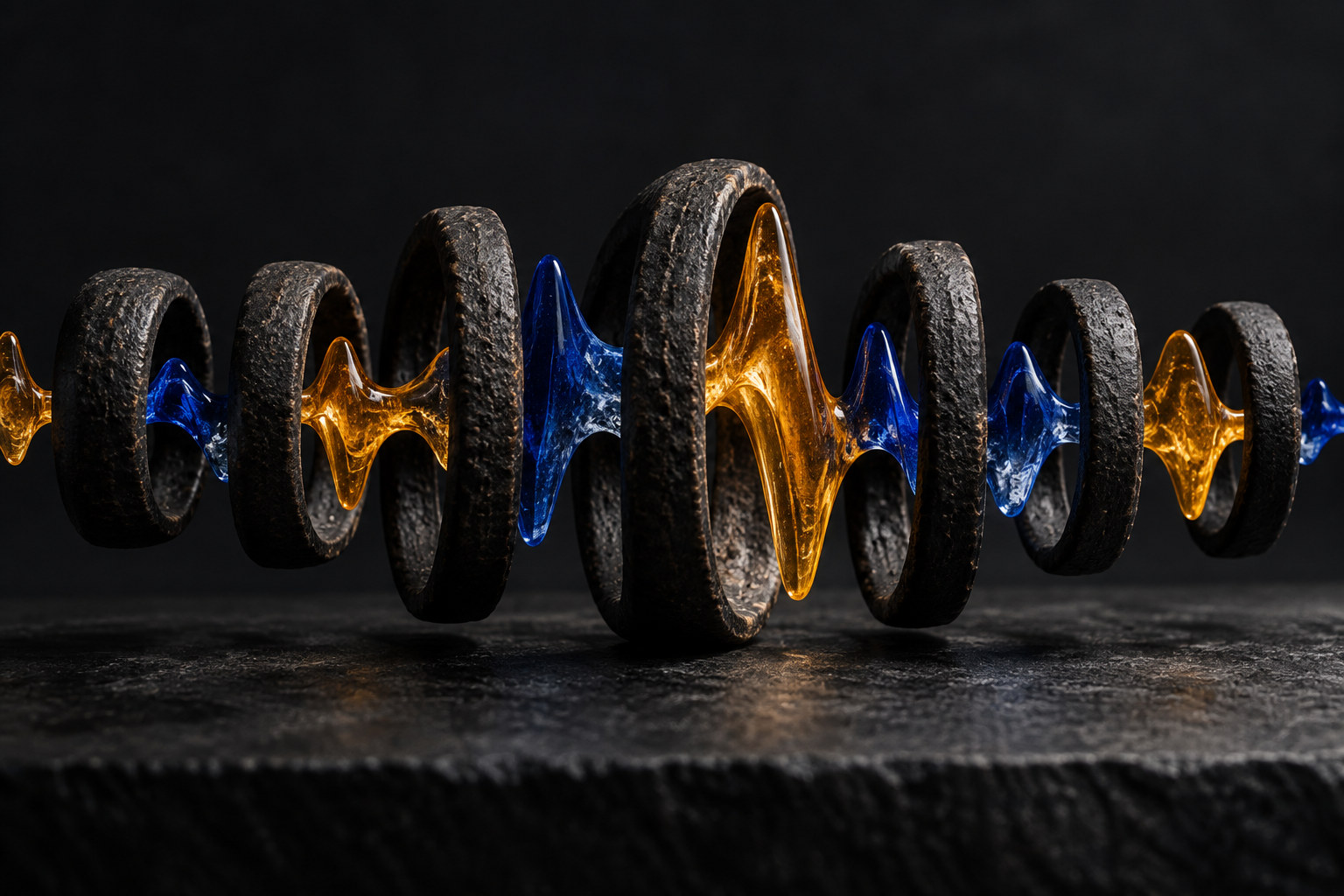 An irregular blue and amber rhythm passes through dark sculptural rings, evoking recurring symptom episodes.
