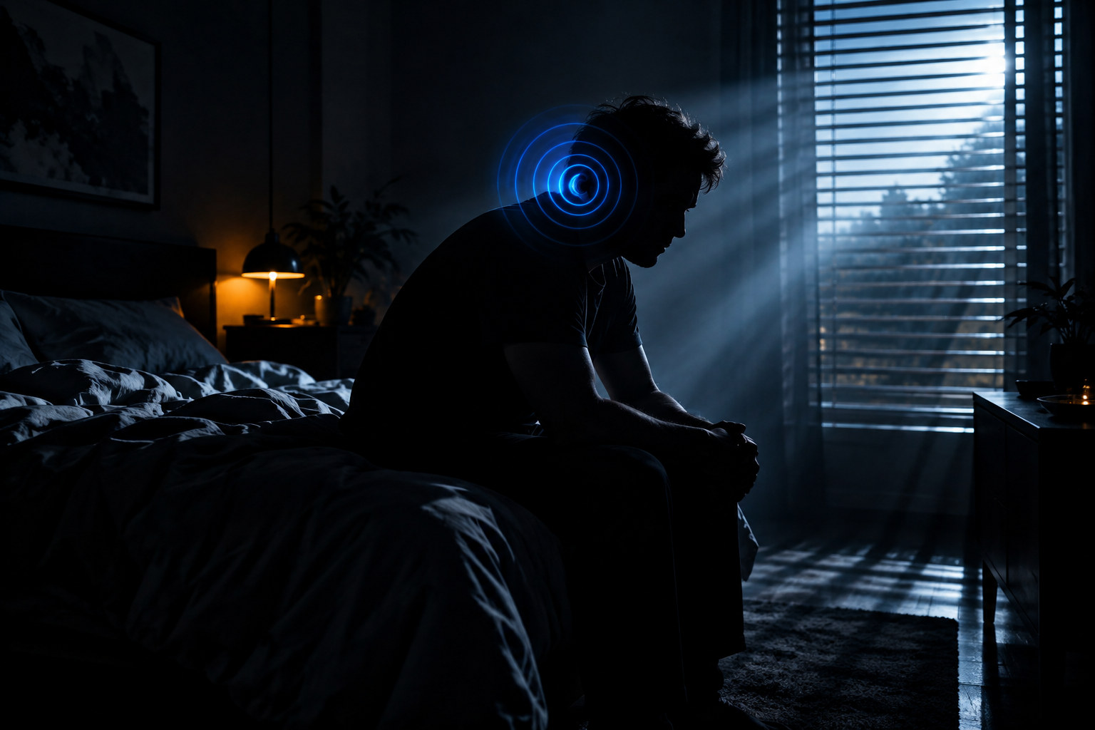 An awake person sits on the edge of a bed with a blue tinnitus ripple at the ear and morning light through blinds.