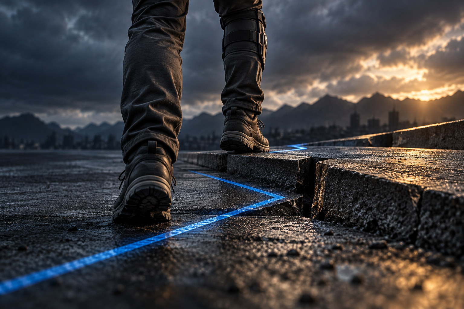 A braced knee and foot approach uneven ground where a blue walking line changes direction.
