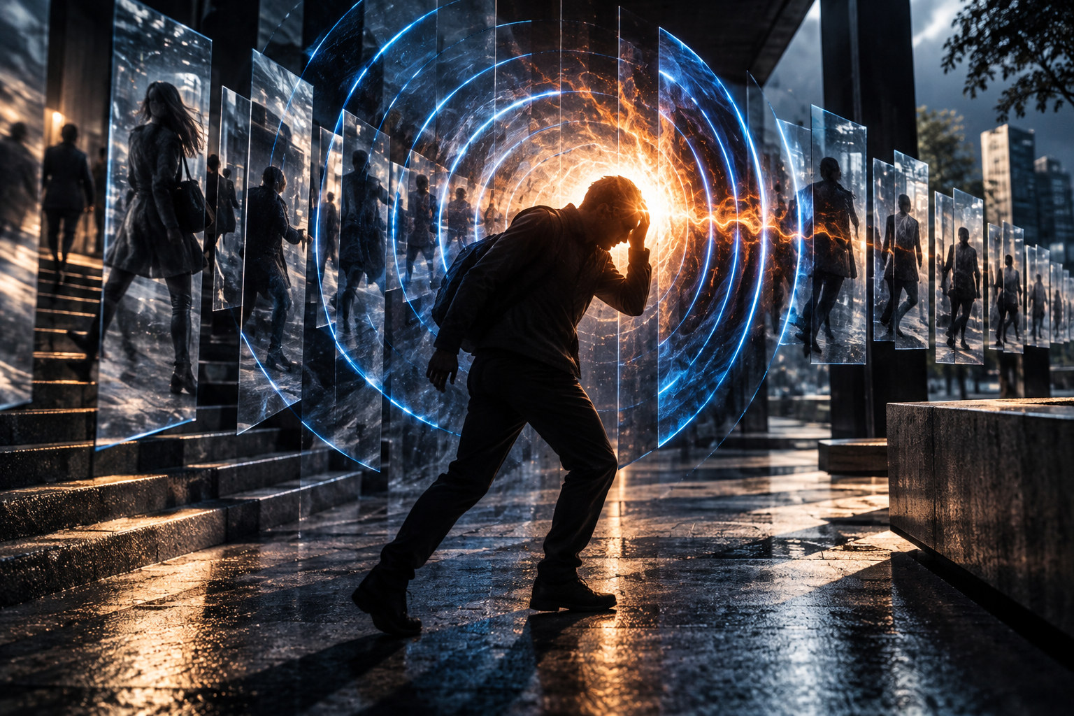 An interrupted walk framed by concentric light pulses, representing a migraine episode breaking into daily activity.
