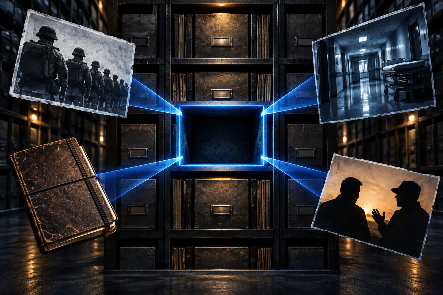 An empty slot in a dark records archive receives light from several independent evidence sources.