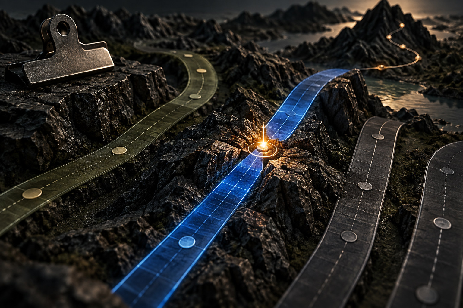 One illuminated duty-period path intersects a single event point among several separate routes.