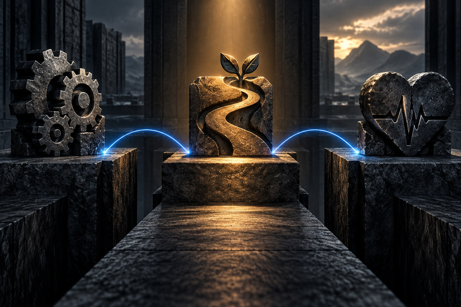 Three stone forms linked by uncertain blue arcs, with the middle step under a warm light.