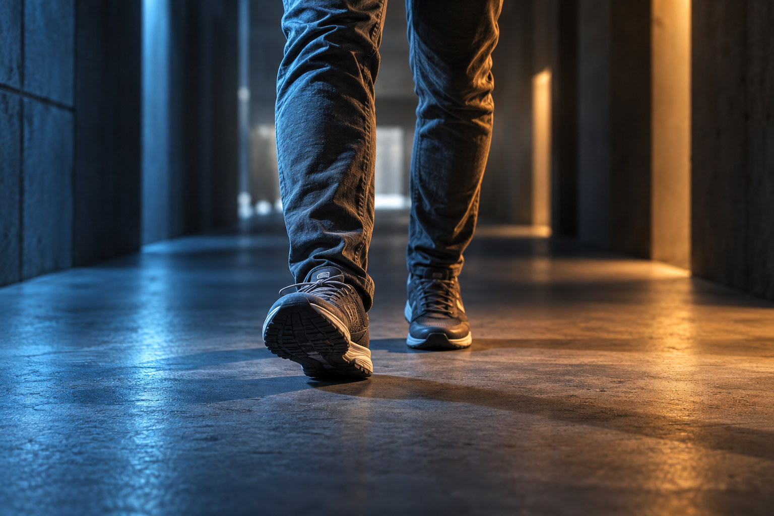 Anonymous person walking, with opposite feet crossing blue and amber light.