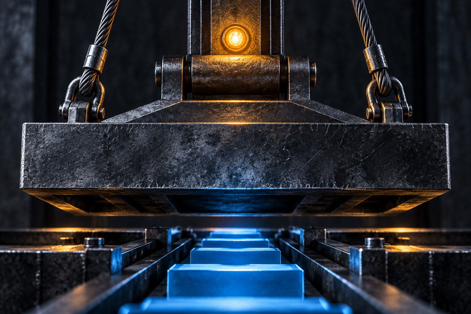 A suspended mechanical press stops above a rating gauge while two separate unnumbered time arcs remain visible.