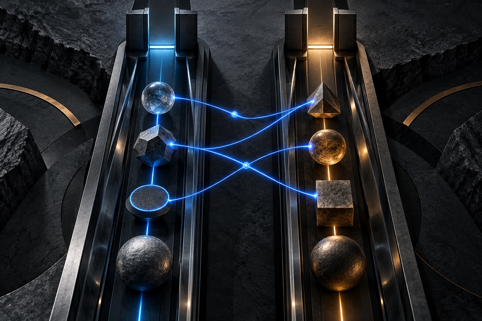 Two separate evidence channels connected by factual blue threads but ending at distinct gates.