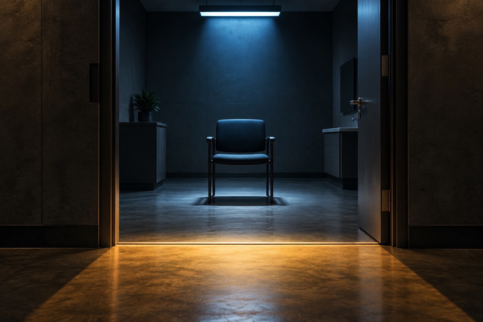 An empty exam-room chair under a cobalt light, viewed across an amber threshold.