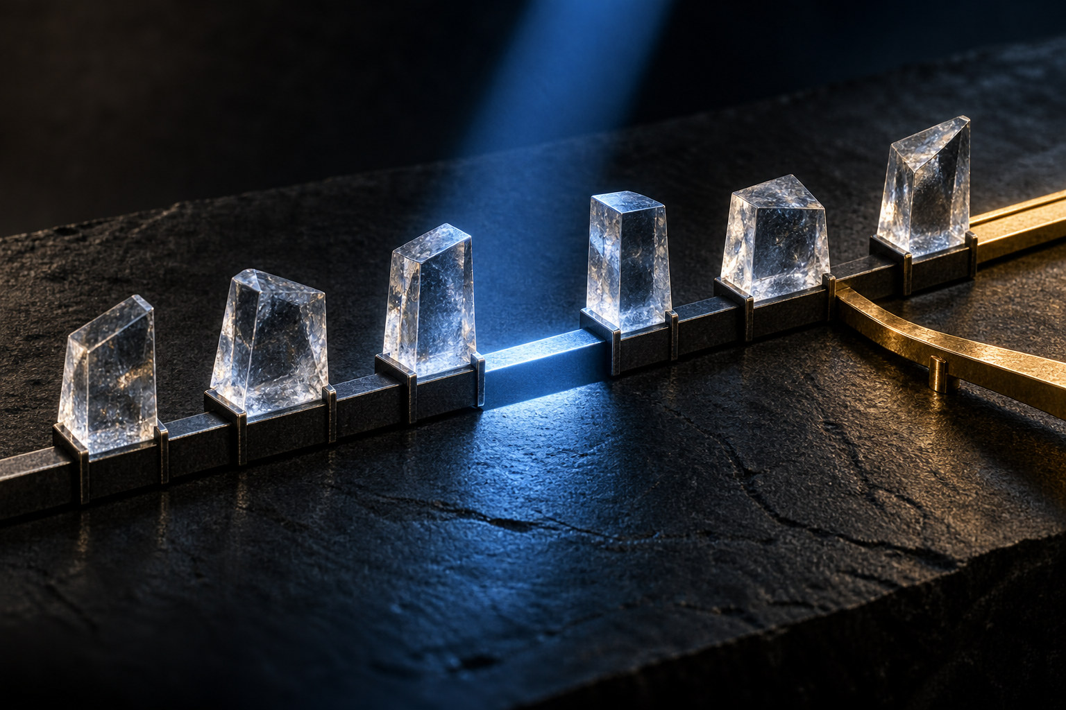 Several unnumbered translucent timeline planes intersect at one contested point in dark, crisp editorial light.