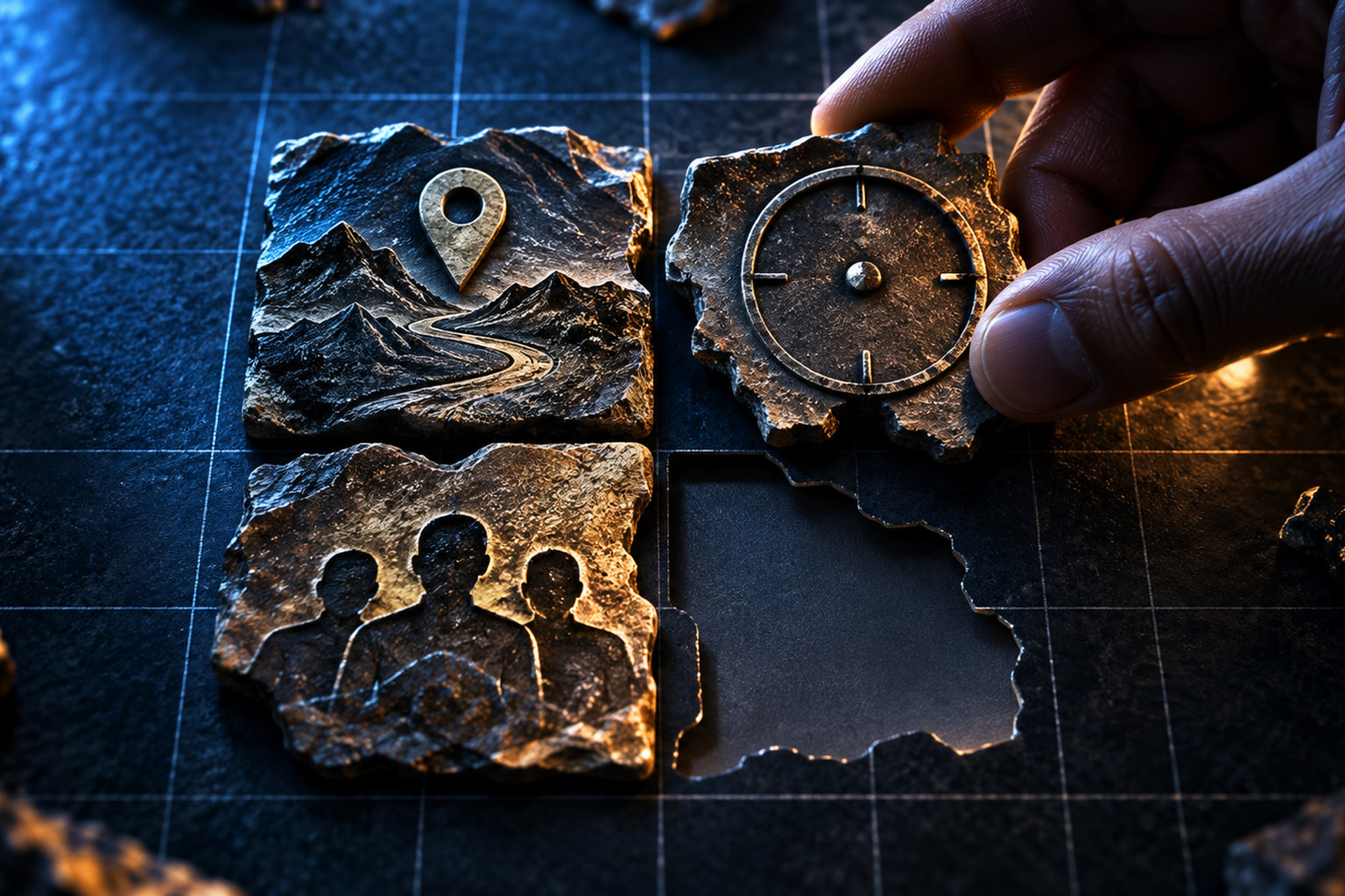 A hand aligns unmarked place, time and witness fragments while leaving a missing piece visible.