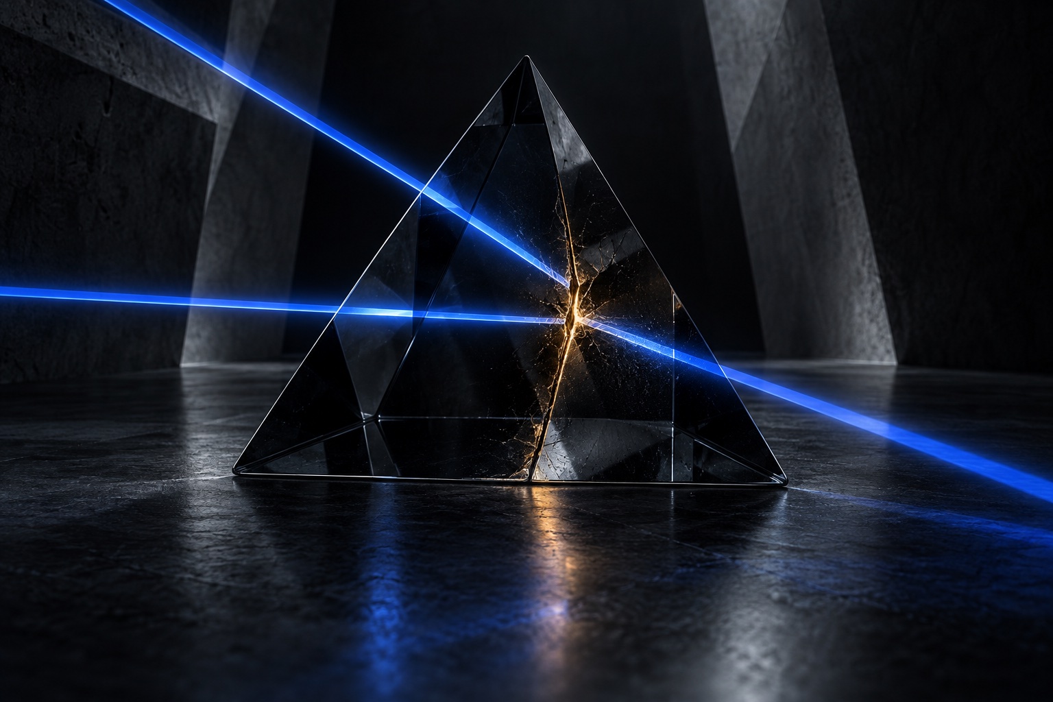 Three blue beams pass through a black prism, meeting a narrow amber fault at its center.